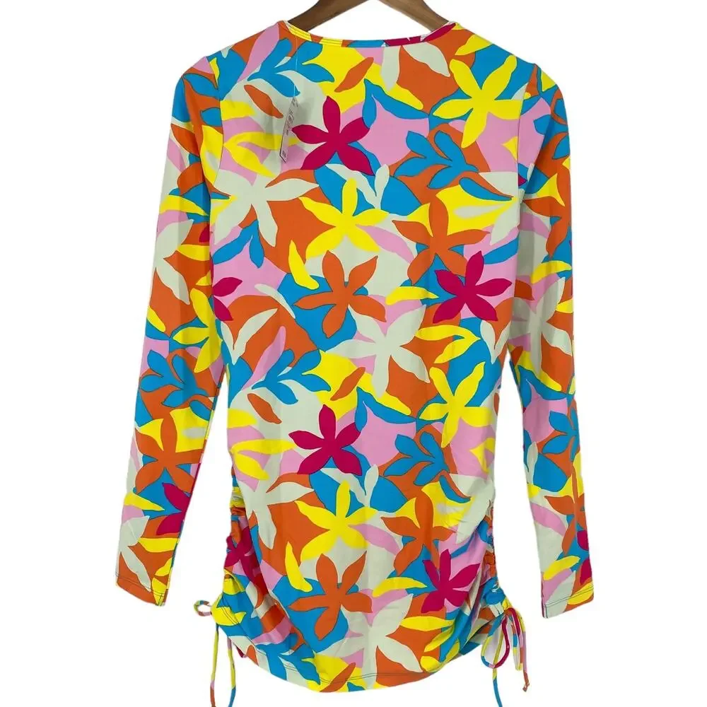 LANDS END NWT Multi Graphic Floral Cinched Waist Long Sleeve Rashguard Size XS